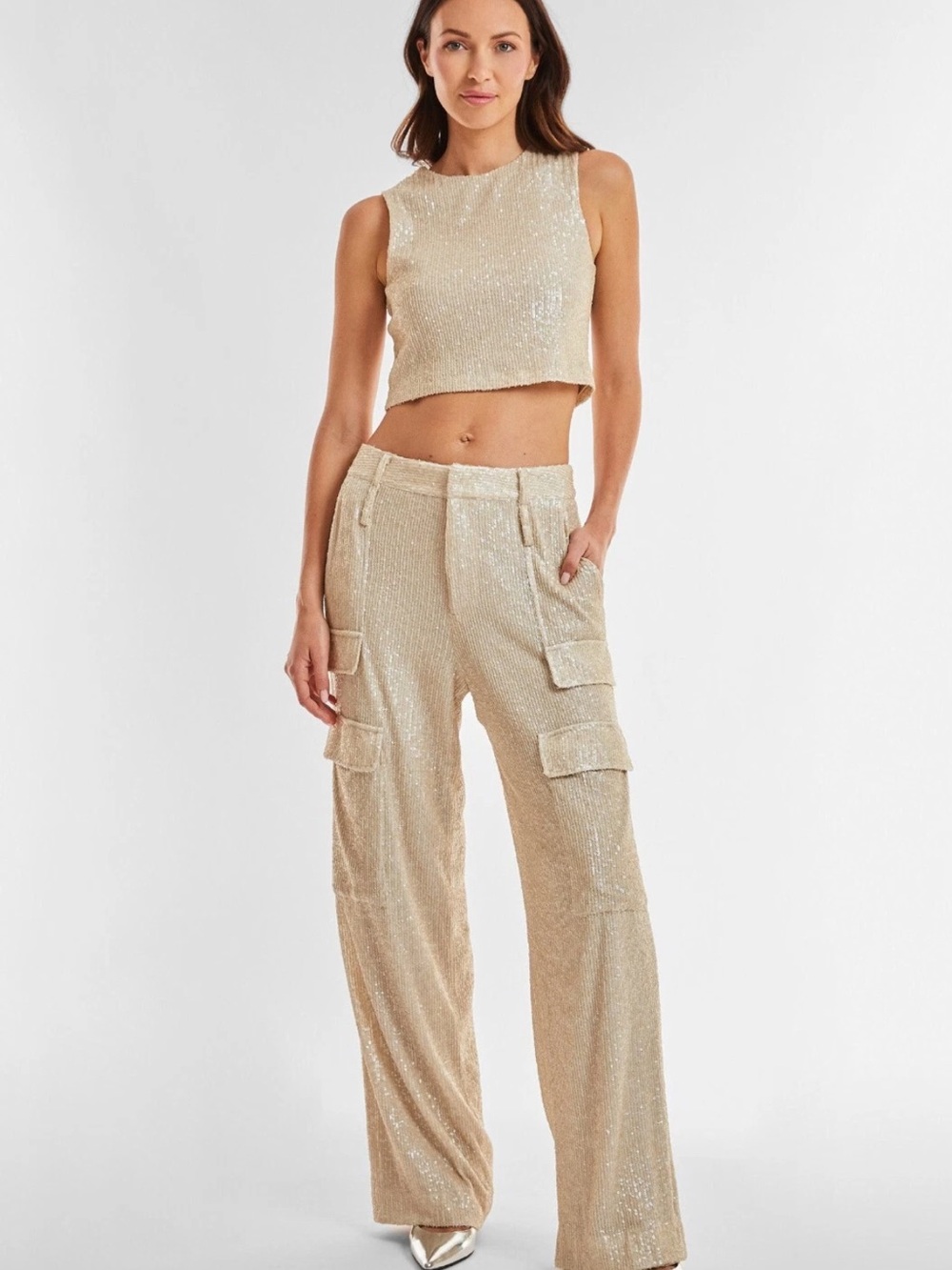 The Noli Shop Pearl Milan Sequin Cargo Pants & Crop Top 2-Piece Set